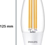 Philips LED-Lampe E14 Kerze, 5,2W, 485lm, 12,5x3,5cm. Klares Glas, warmweißes Licht.