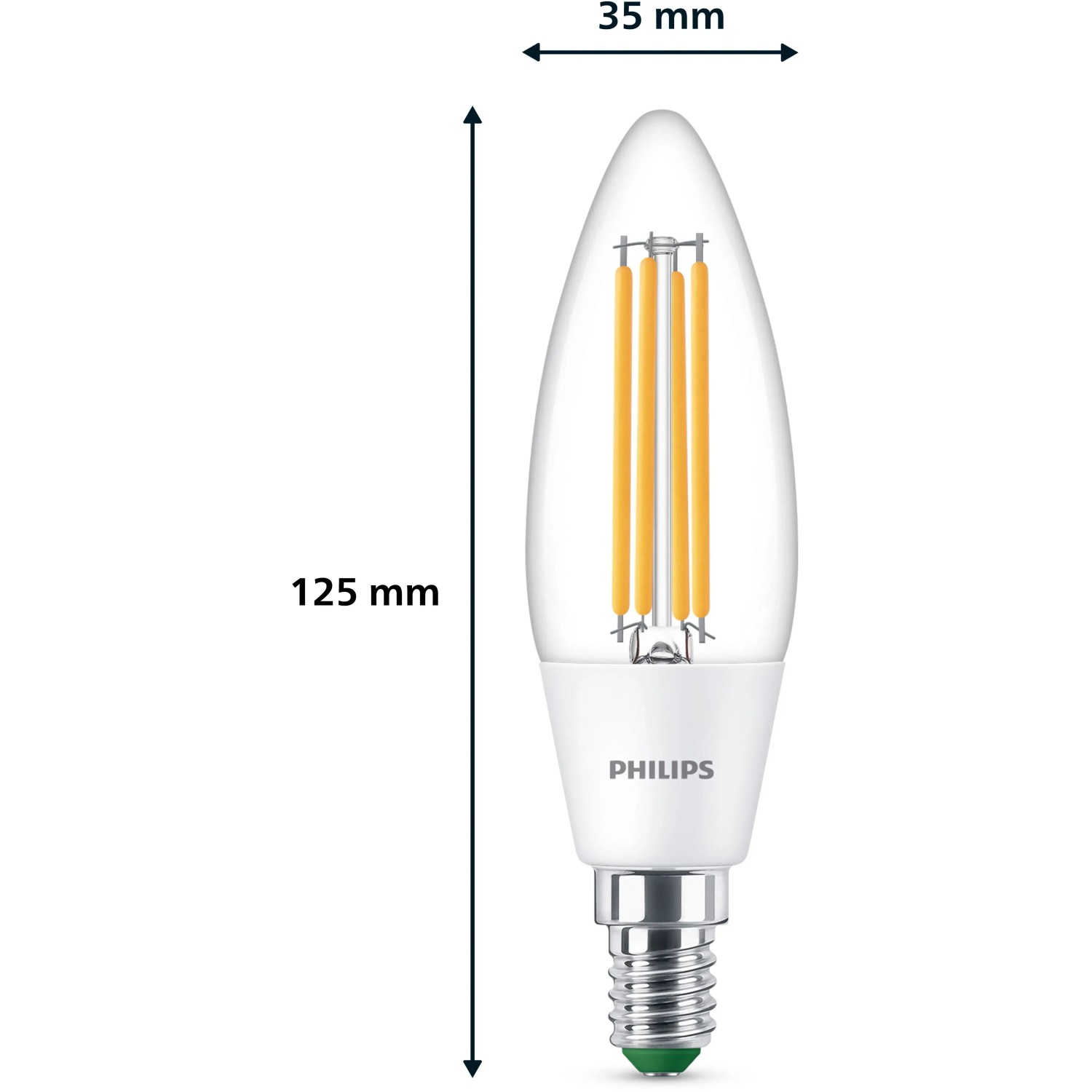Philips LED-Lampe E14 Kerze, 5,2W, 485lm, 12,5x3,5cm. Klares Glas, warmweißes Licht.