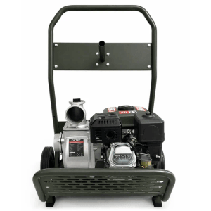 DeTec. Benzin Wasserpumpe 3 Zoll mit 7 PS Motor, dunkelgrünem Gestell und Rädern. Mobile Gartenpumpe.