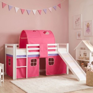 Weißes Hochbett 90x200 mit pinkem Tunnel, Vorhang und Rutsche. Ideales Abenteuerbett für Kinderzimmer.
