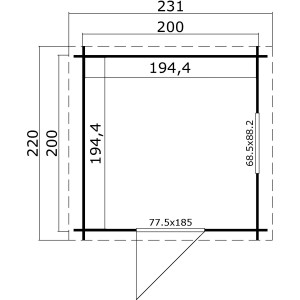 Grundriss Lasita Holz-Gartenhaus Wels 1, 231x220 cm, Schwedenrot. Abmessungen und Türposition.