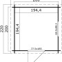 Grundriss Lasita Holz-Gartenhaus Wels 1, 231x220 cm, Schwedenrot. Abmessungen und Türposition.