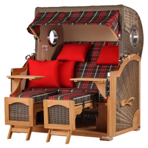 Komplettset: XL Strandkorb Ammersee Grande Teak grau mit Bullauge, Schutzhülle, Rollen und Becherhalter.