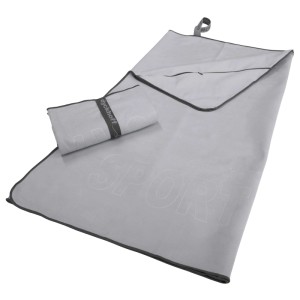 Graues Dyckhoff Sporttuch aus Mikrofaser, 60x120 cm, gerollt und offen mit Schriftzug SPORT.