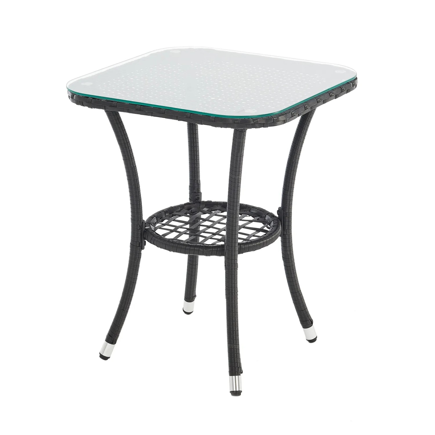 Schwarzer Beistelltisch aus Rattan mit Glasplatte, Teil des 3-tlg. Svita Brooklyn Bistro Gartenmöbelsets.