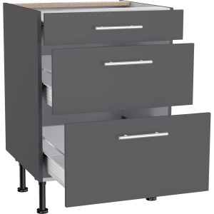 Optifit Unterschrank Ingvar420, 60 cm, Anthrazit Matt, mit 3 Auszügen und Edelstahlgriffen. Küchenunterschrank.