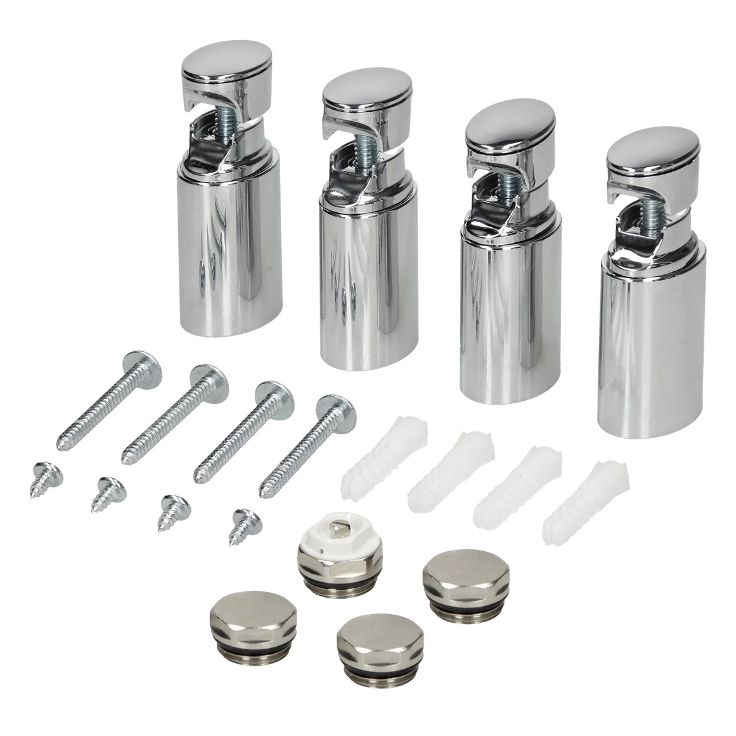 Montageset für LuxeBath Badheizkörper, Chrom, mit Wandhalterungen, Schrauben, Dübeln und Blindstopfen.