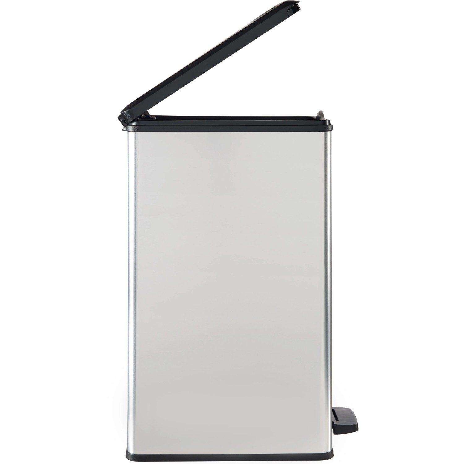 Curver Deco Slim Mülleimer, 40 l, Silber metallic mit Pedal und geöffnetem Deckel.