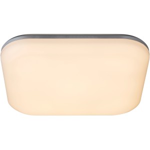 Silberne LED Deckenleuchte DORI für Bad, 33x33cm, warmweißes Licht.