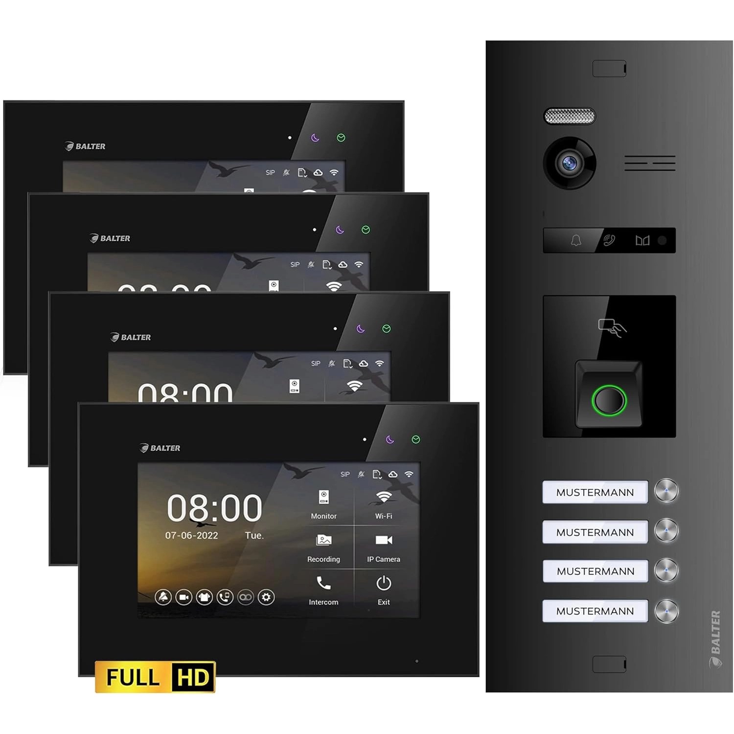 Balter EVO-HD Video-Türsprechanlage mit Fingerprint für Vierfamilienhaus mit 4x 7 Zoll Monitor Schwarz