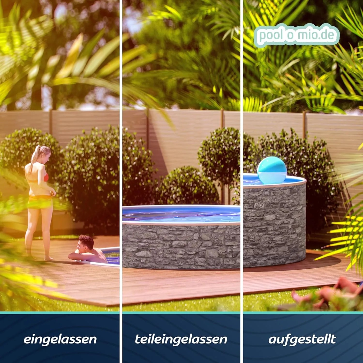 Poolomio Stahlwandpool Set in Steinoptik, verschiedene Installationsarten: eingelassen, teilversenkt, aufgestellt.