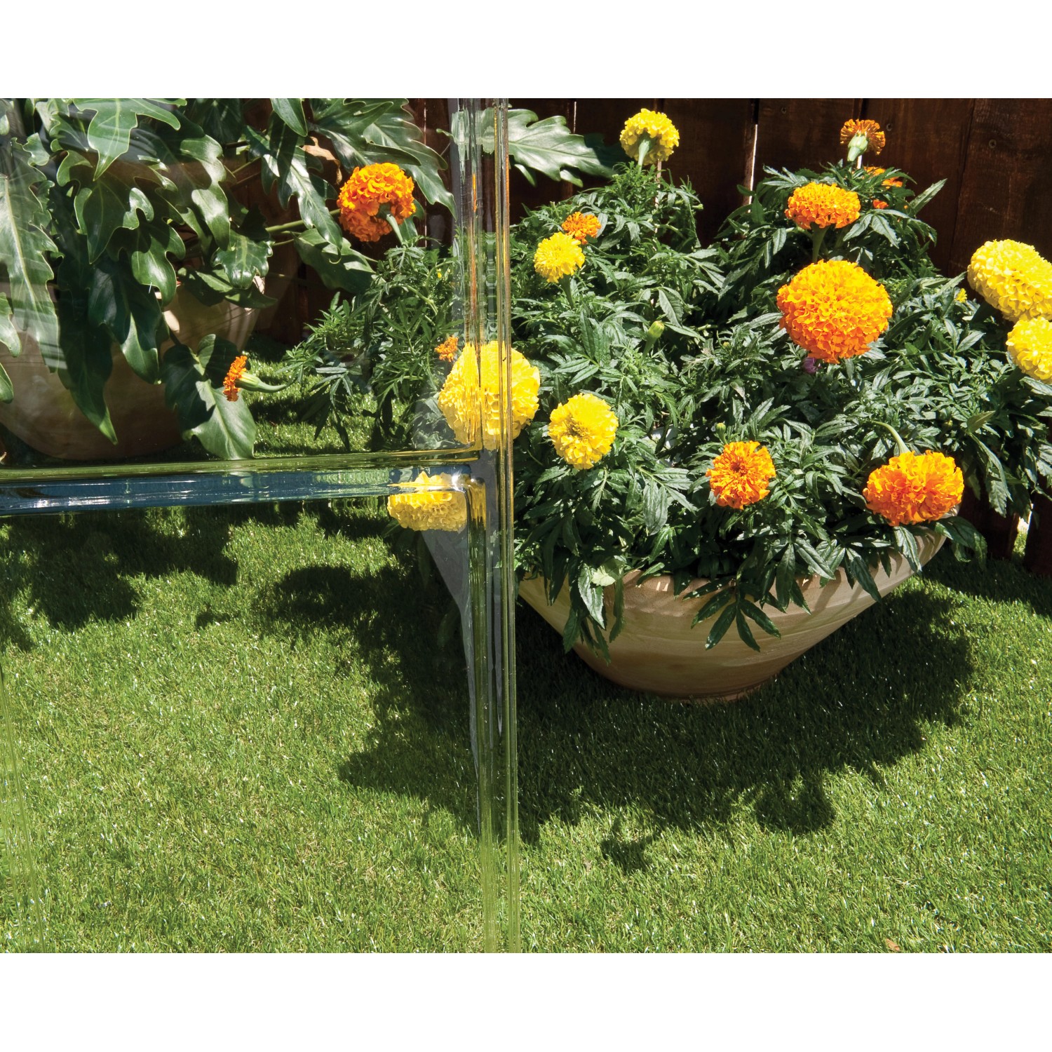 Palram Canopia Gewächshaus, silberner Rahmen, Polycarbonatplatten, mit Blumen bepflanzt.