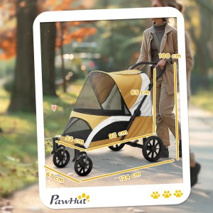 PawHut Hundewagen in Braun mit Maßangaben, geschoben von einer Person im Park.