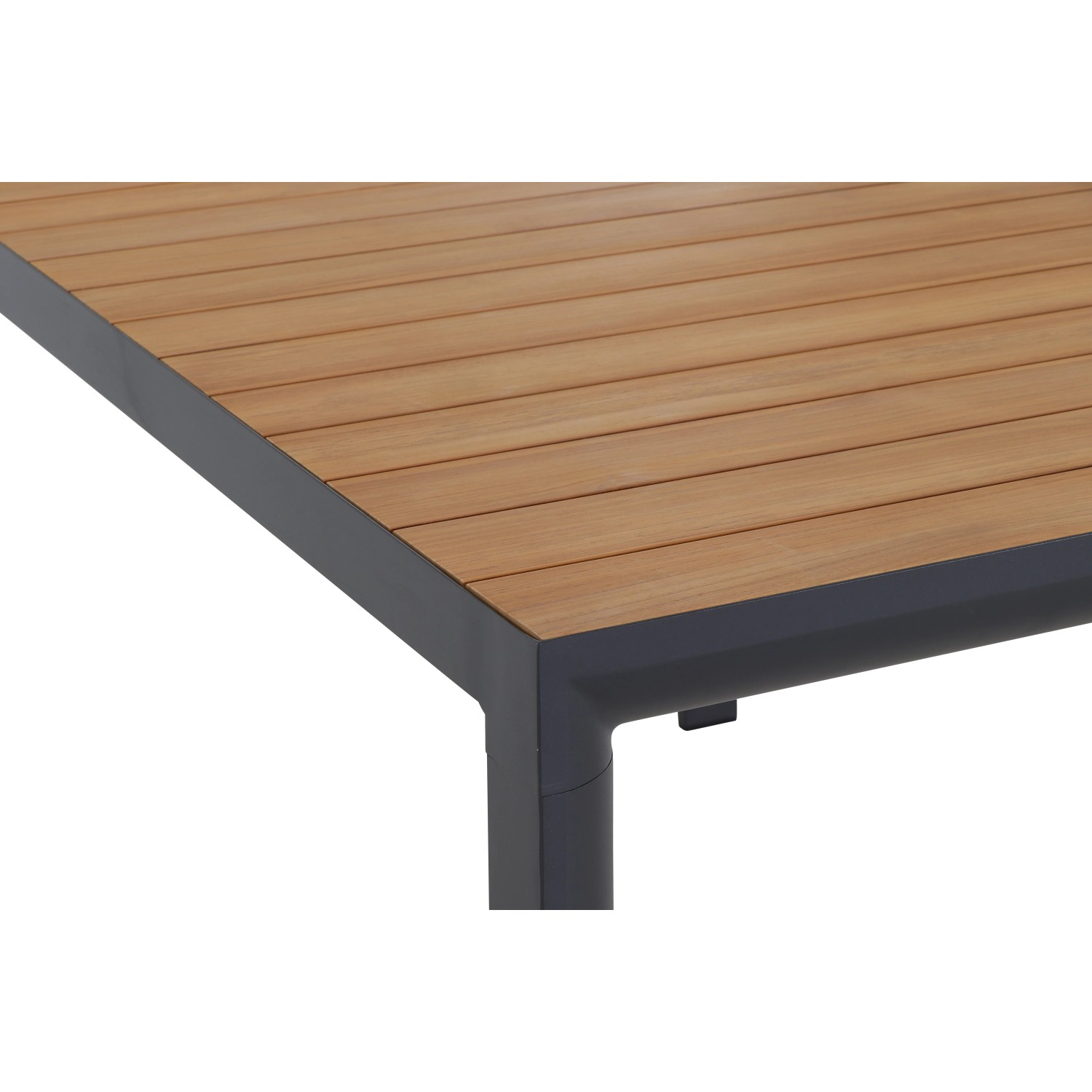 Detailansicht: Rechteckiger Siena Garden Gartentisch Silva aus Teakholz mit Aluminiumgestell.