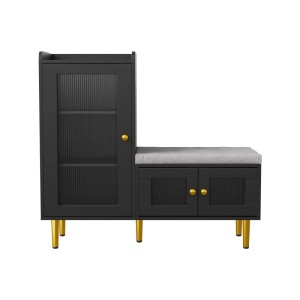 Schwarze Schuhkommode mit gepolsterter Sitzbank, geriffelten Glastüren und goldenen Metallbeinen für den Flur.