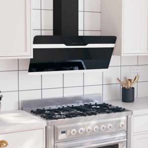 vidaXL Dunstabzugshaube, 90 cm, Schwarz, Stahl und Glas über einem Edelstahlherd in Küche.