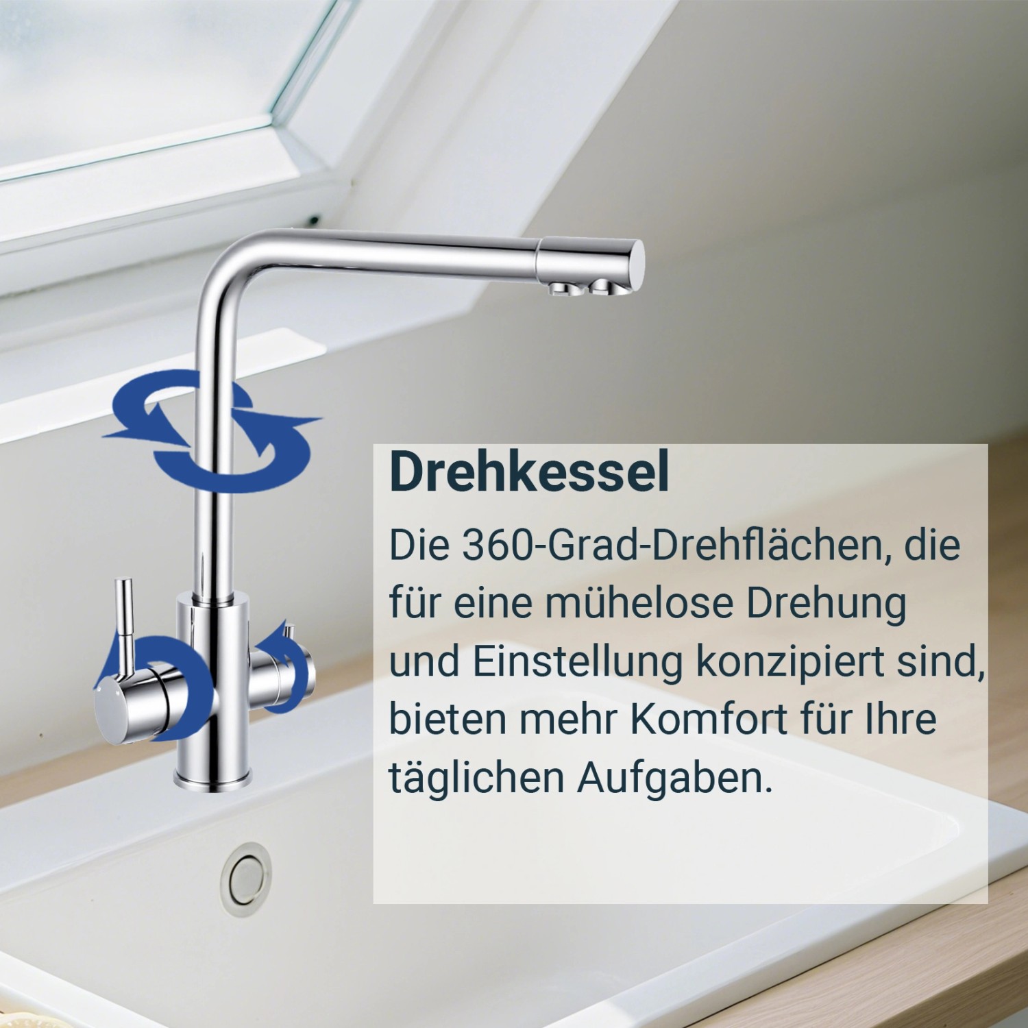 AICA Wasserhahn Chrom Küche Spültischarmatur 3-Wege mit Trinkwasserfilter 2-Hebel Design für Doppelspülen 360° Schwenkbar_6