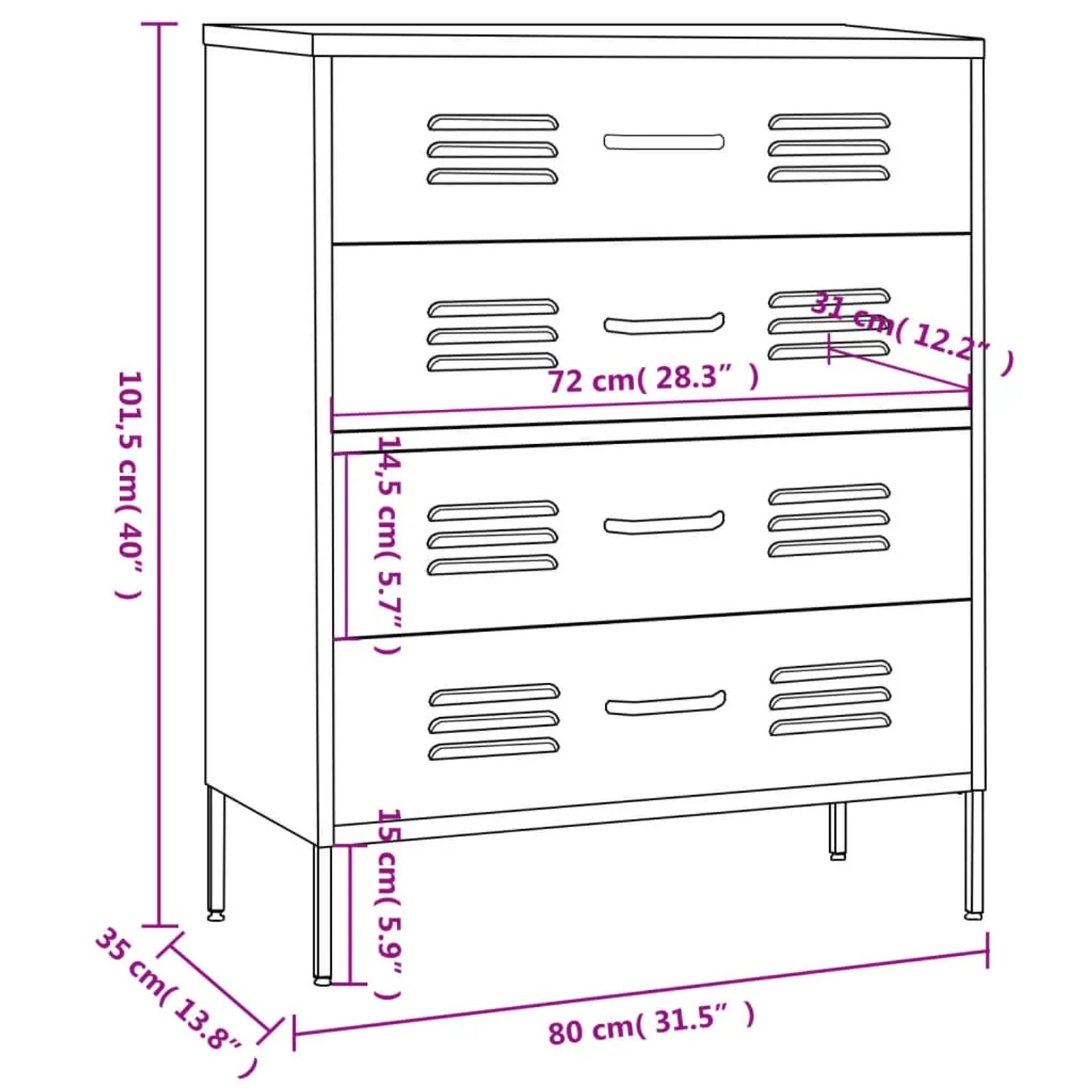 vidaXL Kommode in Senfgelb, Stahl, 80x35x101,5 cm. Sideboard mit 4 Schubladen und Griffen.