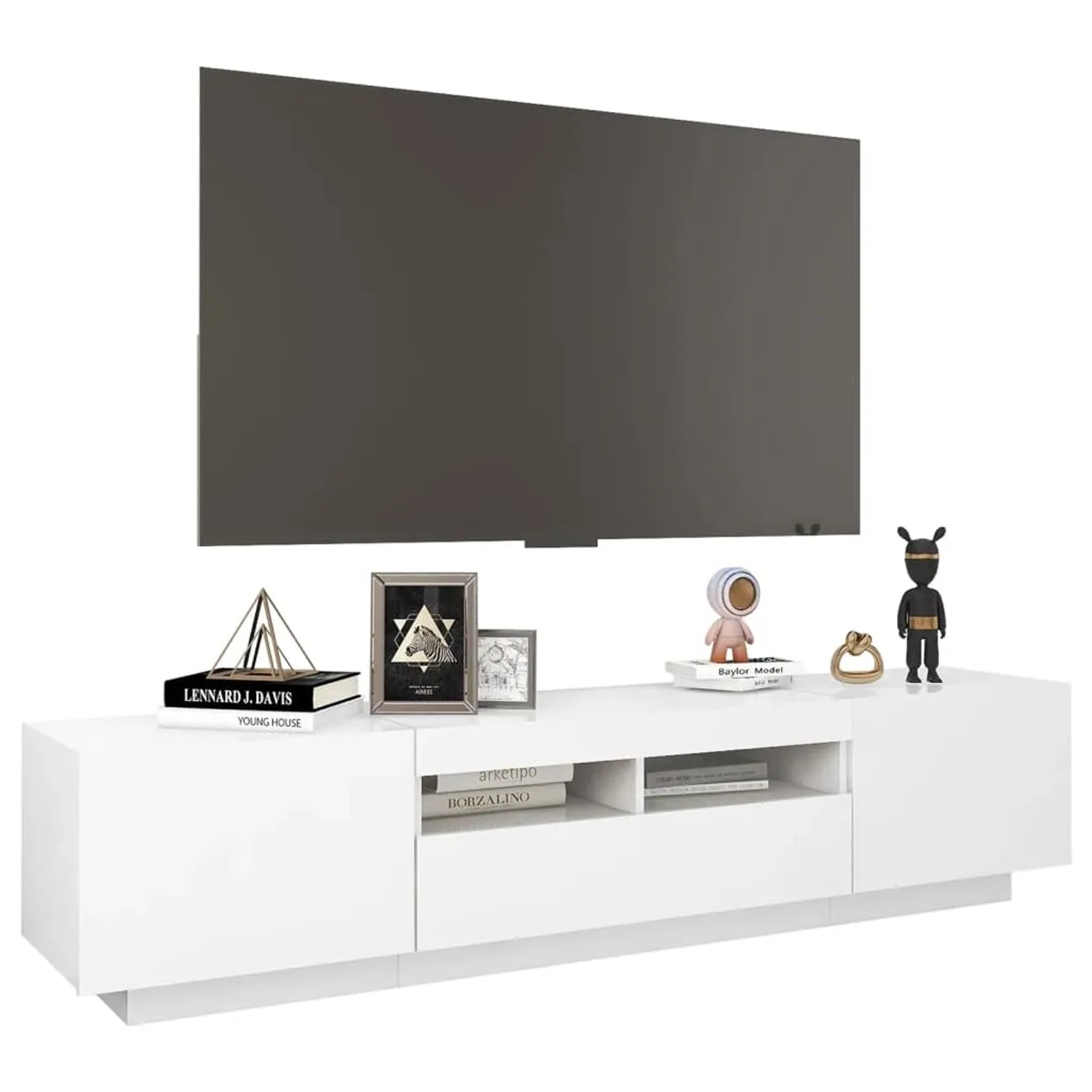 Weißer TV-Schrank mit LED-Beleuchtung, 180 cm breit. Modernes Design für Wohnzimmer.