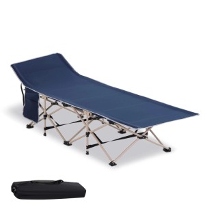 Blaues Outsunny Campingbett aus Stahl und Oxfordstoff mit erhöhter Liegefläche und Tragetasche.