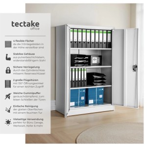 Tectake Aktenschrank aus Stahl, grau, mit zwei Flügeltüren und vier Fächern.