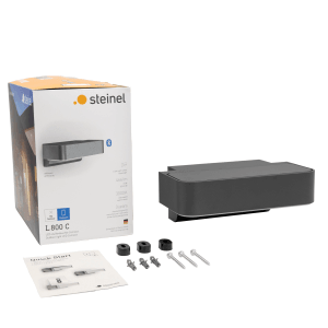 Steinel LED-Außenleuchte L 800 C in Anthrazit, mit Montagezubehör und Verpackung.