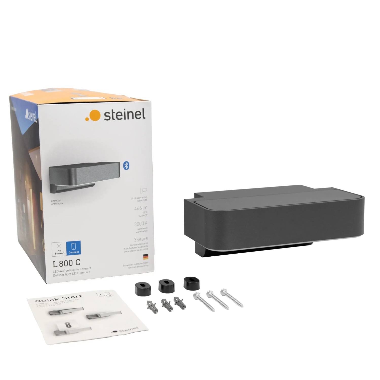 Steinel LED-Außenleuchte L 800 C in Anthrazit, mit Montagezubehör und Verpackung.