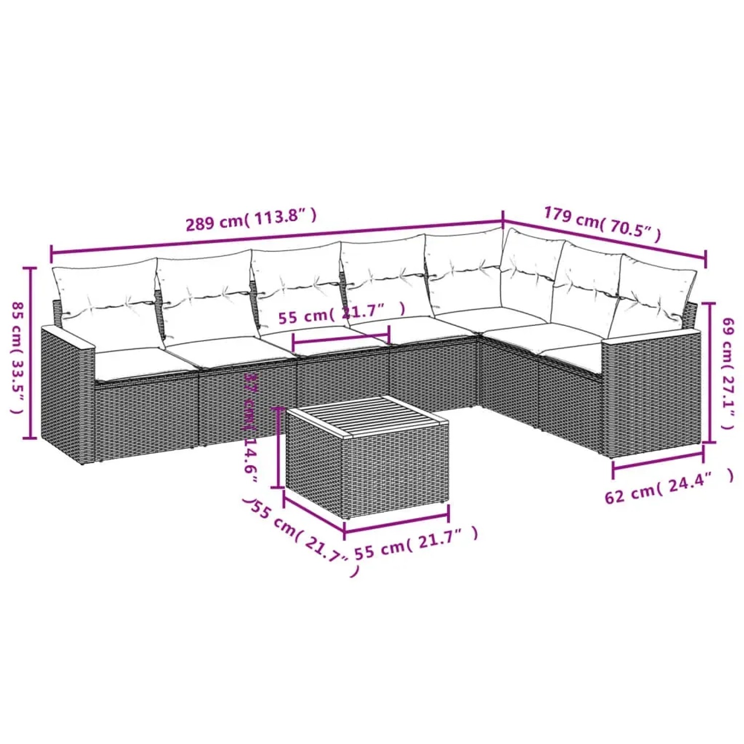 Schwarze 8-tlg. Garten-Sofagarnitur aus Polyrattan mit Kissen und Tisch, Maße siehe Grafik.