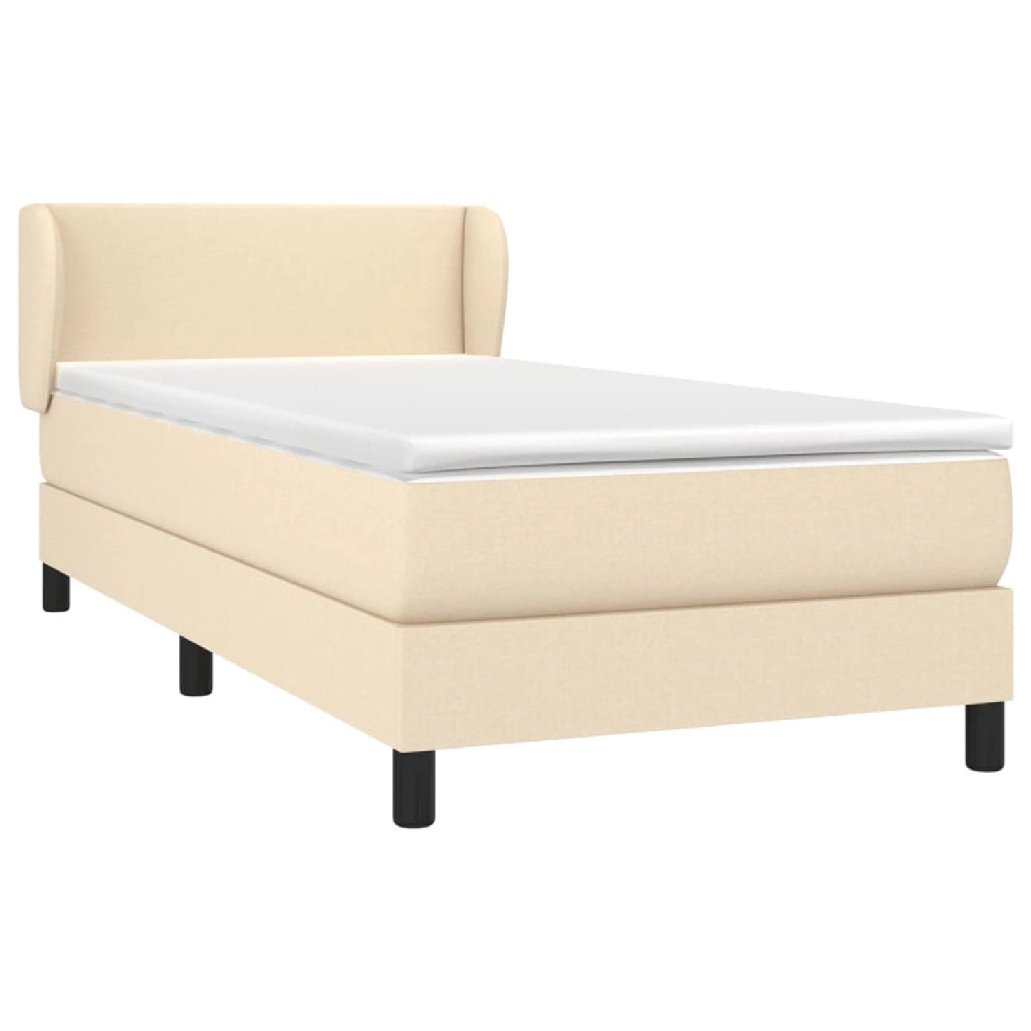Cremefarbenes Boxspringbett 100x200 cm mit Matratze und Kopfteil, Stoffbezug.
