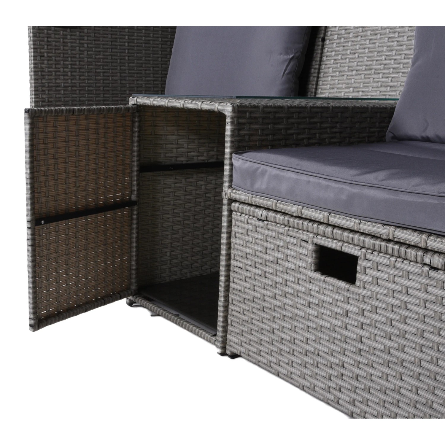 Detailaufnahme der anthrazitfarbenen Garden Pleasure Relax-Lounge Saint-Tropez mit offenem Stauraum.