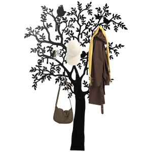 Schwarze HOMCOM Garderobe in Baumform mit Haken für Jacken, Taschen und Accessoires.