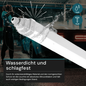 LUXULA LED Feuchtraumleuchte (12er-Set, 60cm) unter Wasserstrahl, wasserdicht & stoßfest.