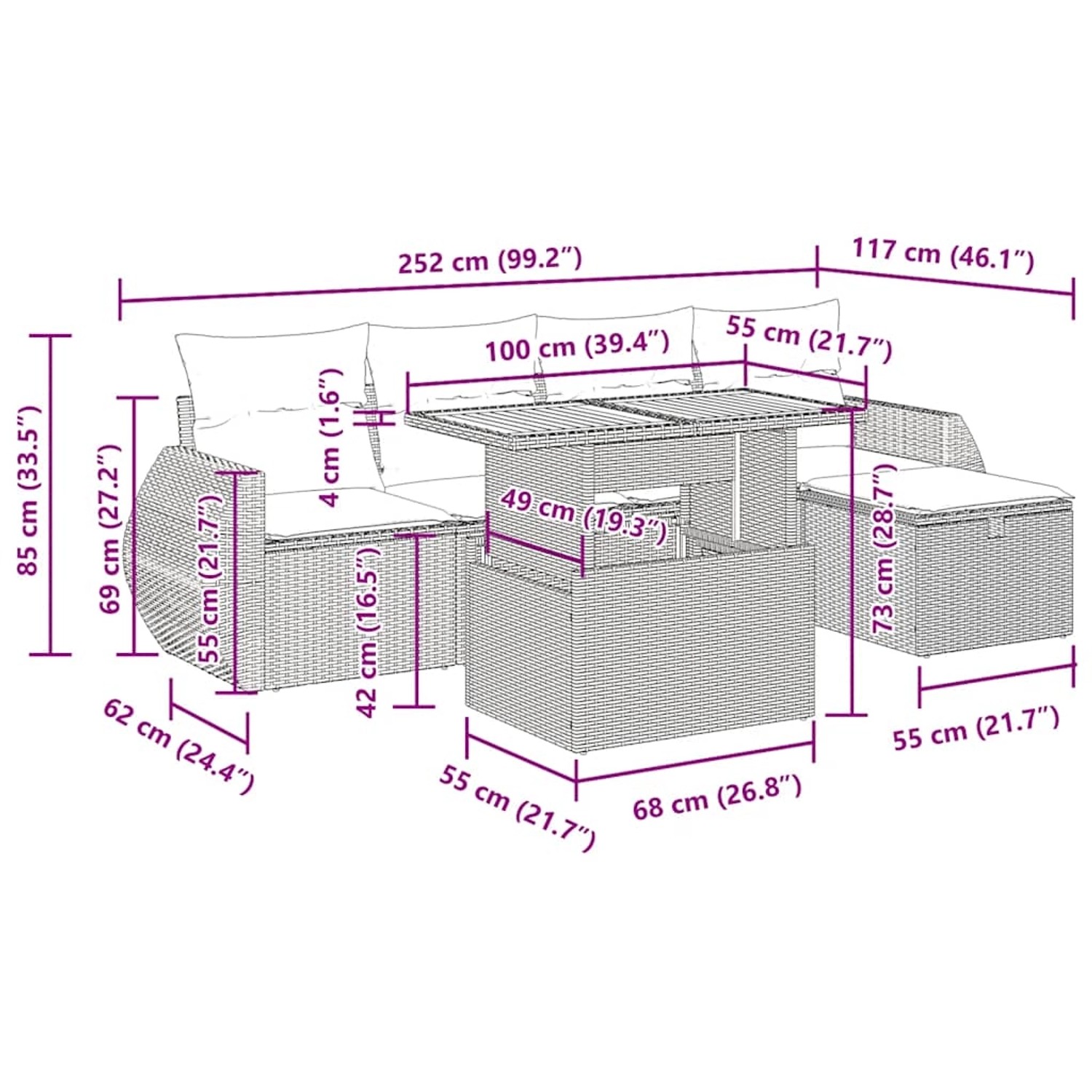 vidaXL 6-Tlg. Garten-Sofagarnitur, schwarz, Poly Rattan, mit Maßangaben.