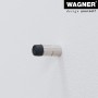 Wagner Wandtürstopper in Edelstahl-Optik mit schwarzem Elastomer an weißer Wand.