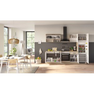 Moderne Flex-Well Küchenzeile Creso in Cashmere matt und Provence Oak. Einbauküche mit Schränken, Kochbereich, Spüle, Kühlschrank.