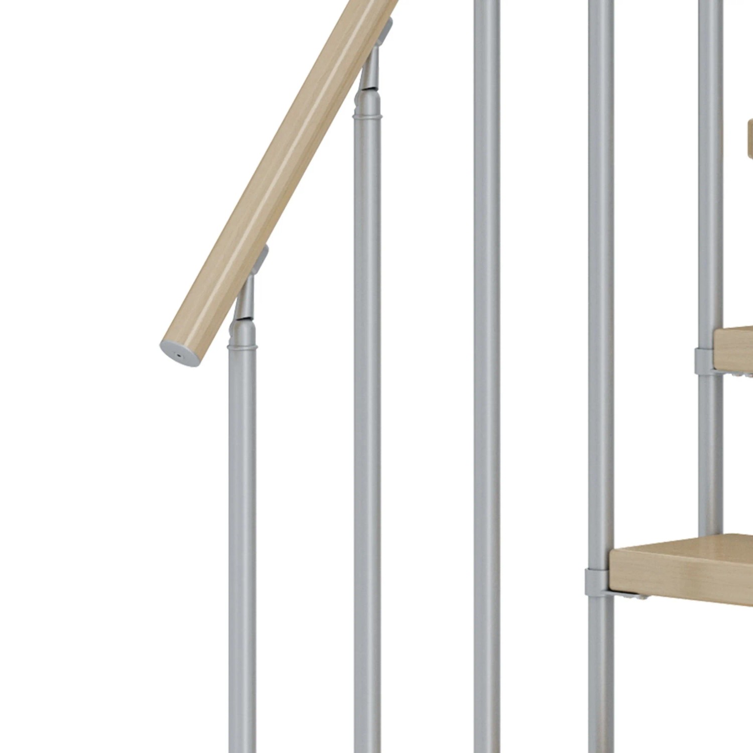 Detailansicht der Dolle Mittelholmtreppe Dublin: Ahornstufen und perlgraues Geländer.