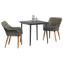 3-teiliges Garten Essset von vidaXL, grau, mit Tisch und zwei Rattan-Stühlen mit grauen Sitzkissen.