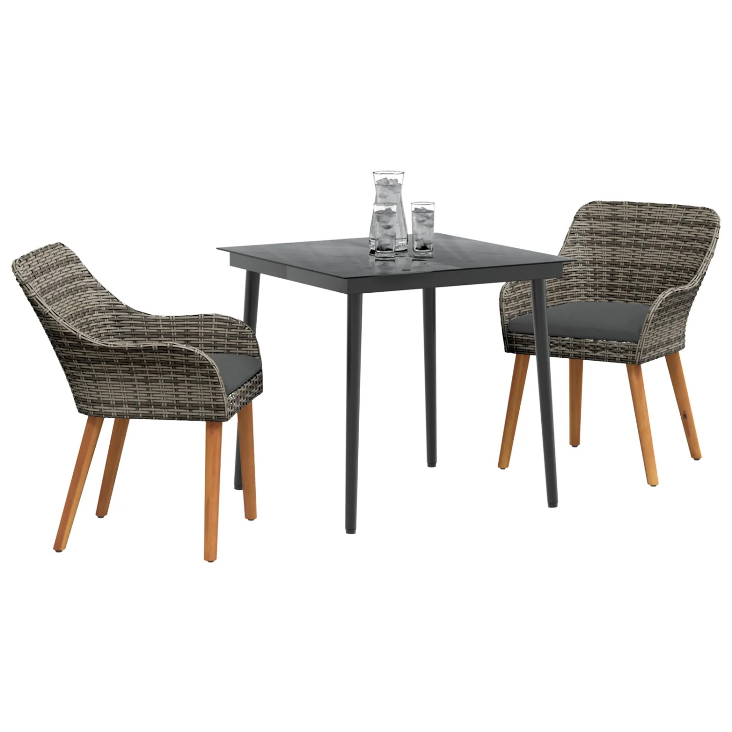 3-teiliges Garten Essset von vidaXL, grau, mit Tisch und zwei Rattan-Stühlen mit grauen Sitzkissen.