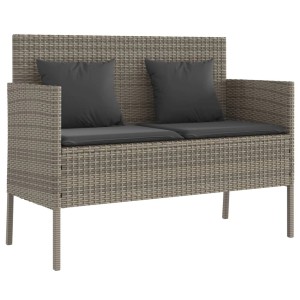 Graue furnicato Gartenbank aus Polyrattan mit dunklen Kissen.