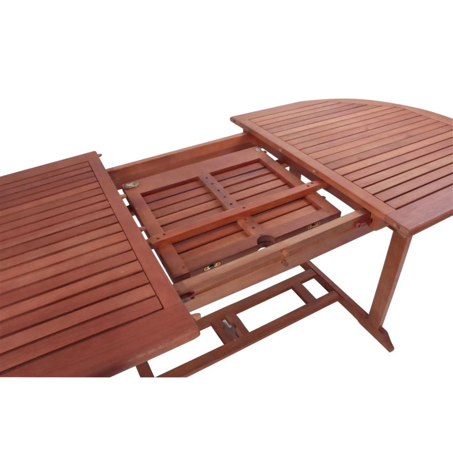 Ausgezogener Eukalyptus-Tisch der 7-teiligen Gartenmöbel-Gruppe Stockholm.