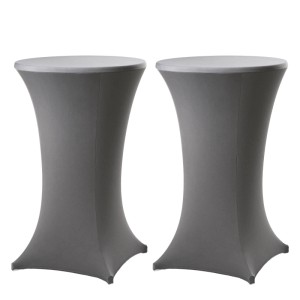 Zwei anthrazitfarbene Stretch-Stehtischhussen, eng anliegend, mit verstärkten Füßen, für Tische bis 80cm.