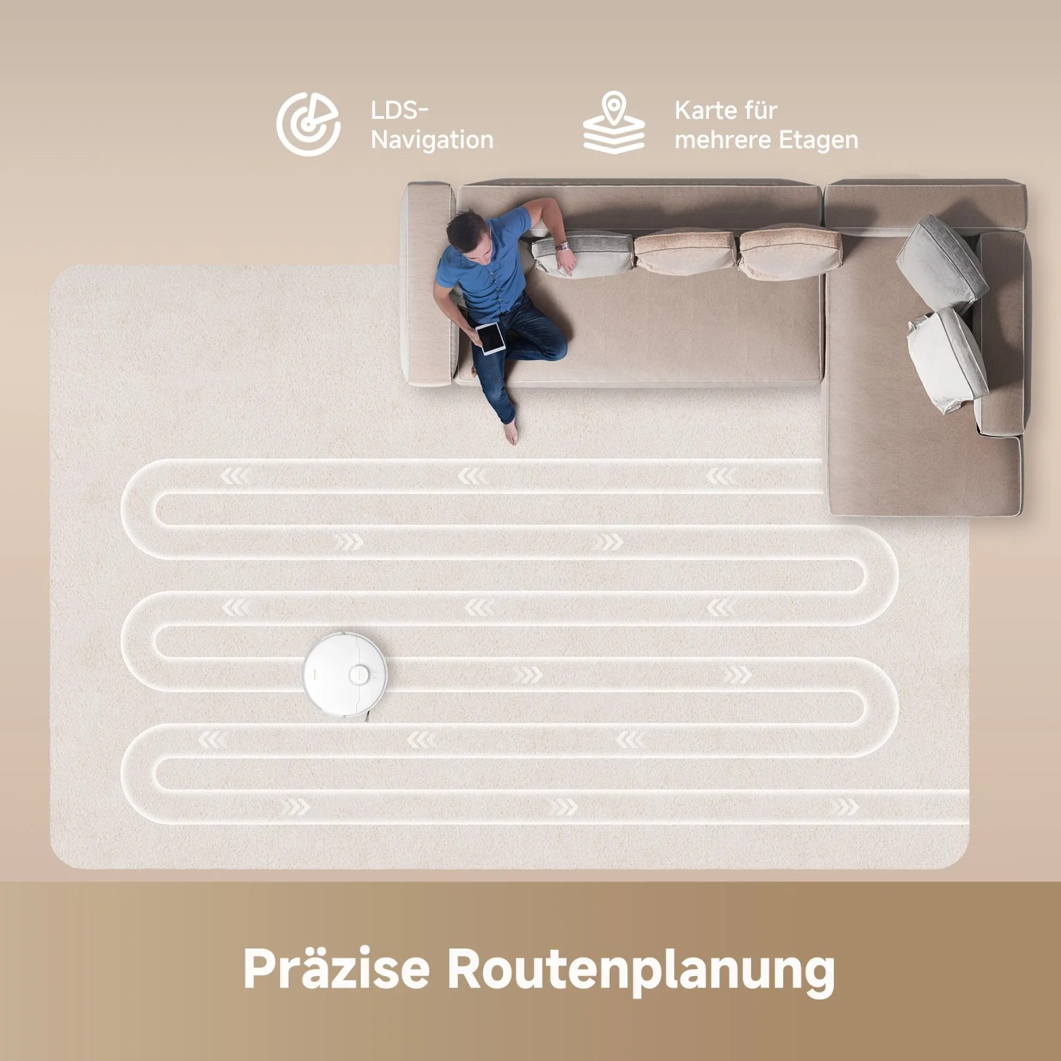 Dreame Saugroboter D20 Plus bei der Reinigung, gesteuert per App. Präzise Routenplanung.