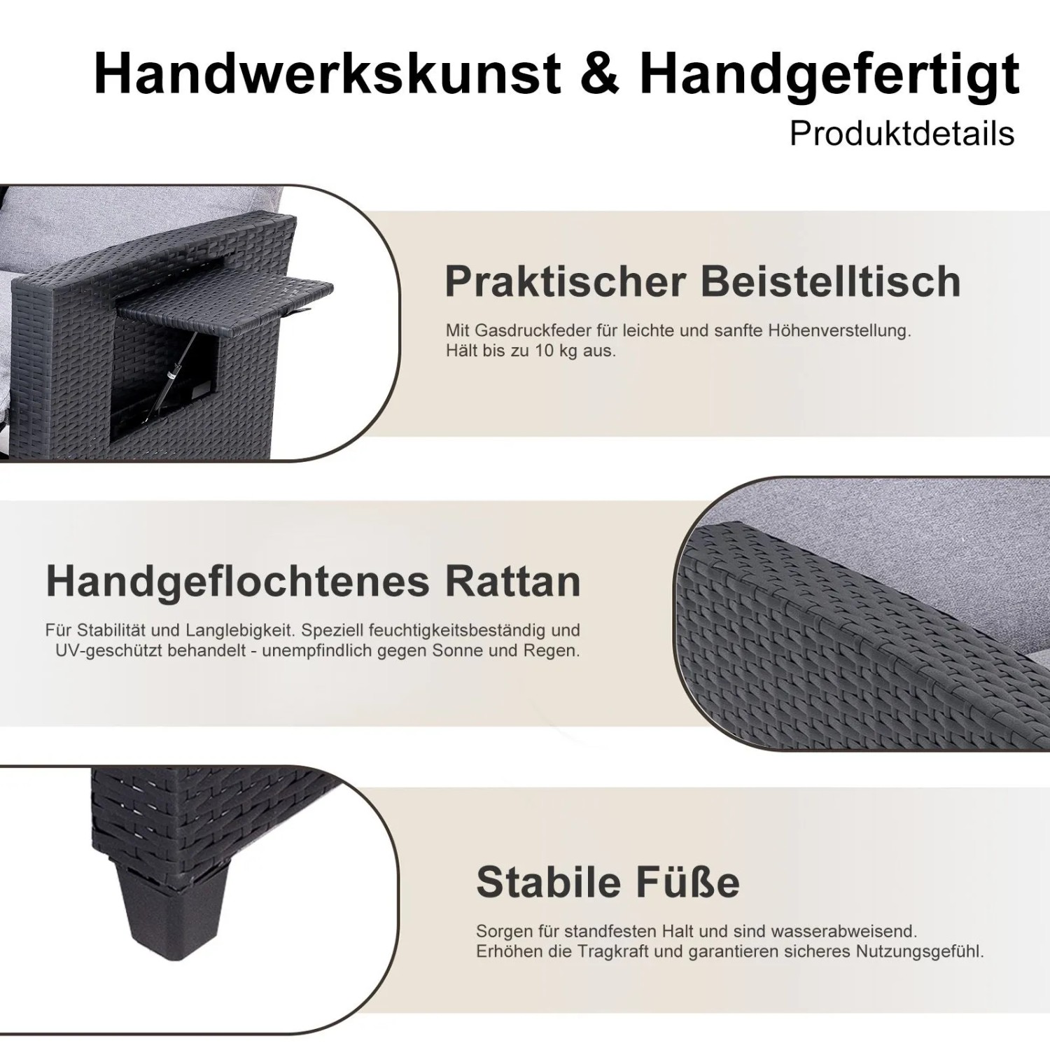Detailansicht Gartensessel Rattansessel mit Beistelltisch und stabilen Füßen.