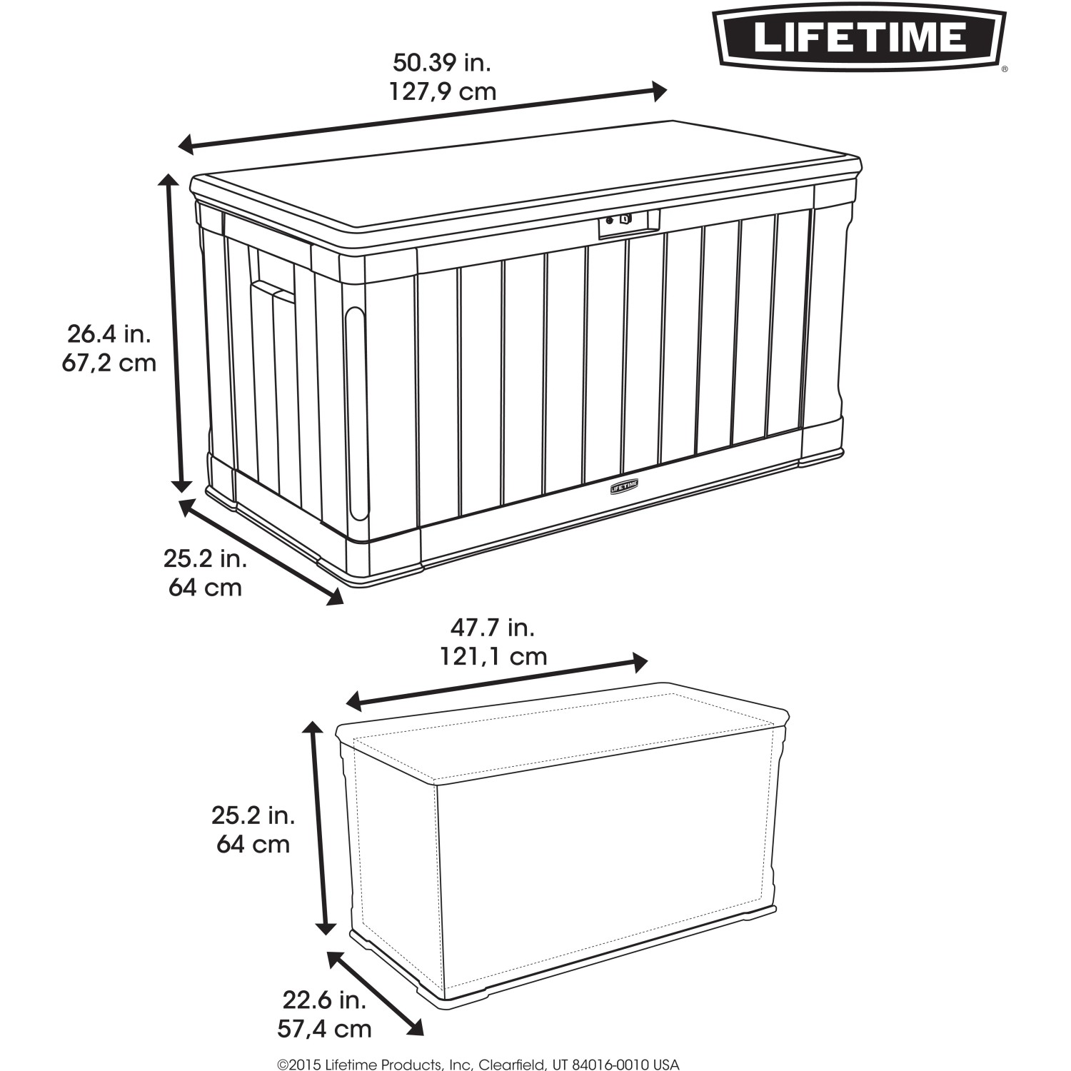 Skizze der Lifetime Gartenbox, 128x64x67 cm, lichtgrau, mit Maßangaben.