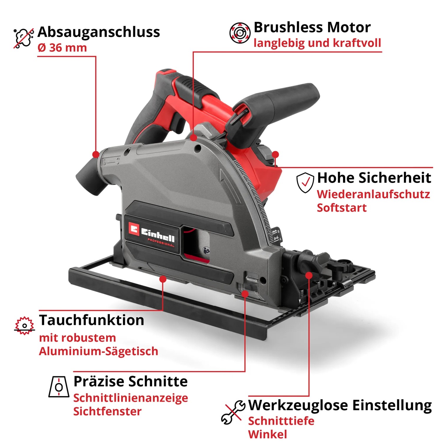 Einhell Akku-Tauchsäge TP-PS 18/165 Li BL Solo: Handkreissäge mit Tauchfunktion und bürstenlosem Motor.