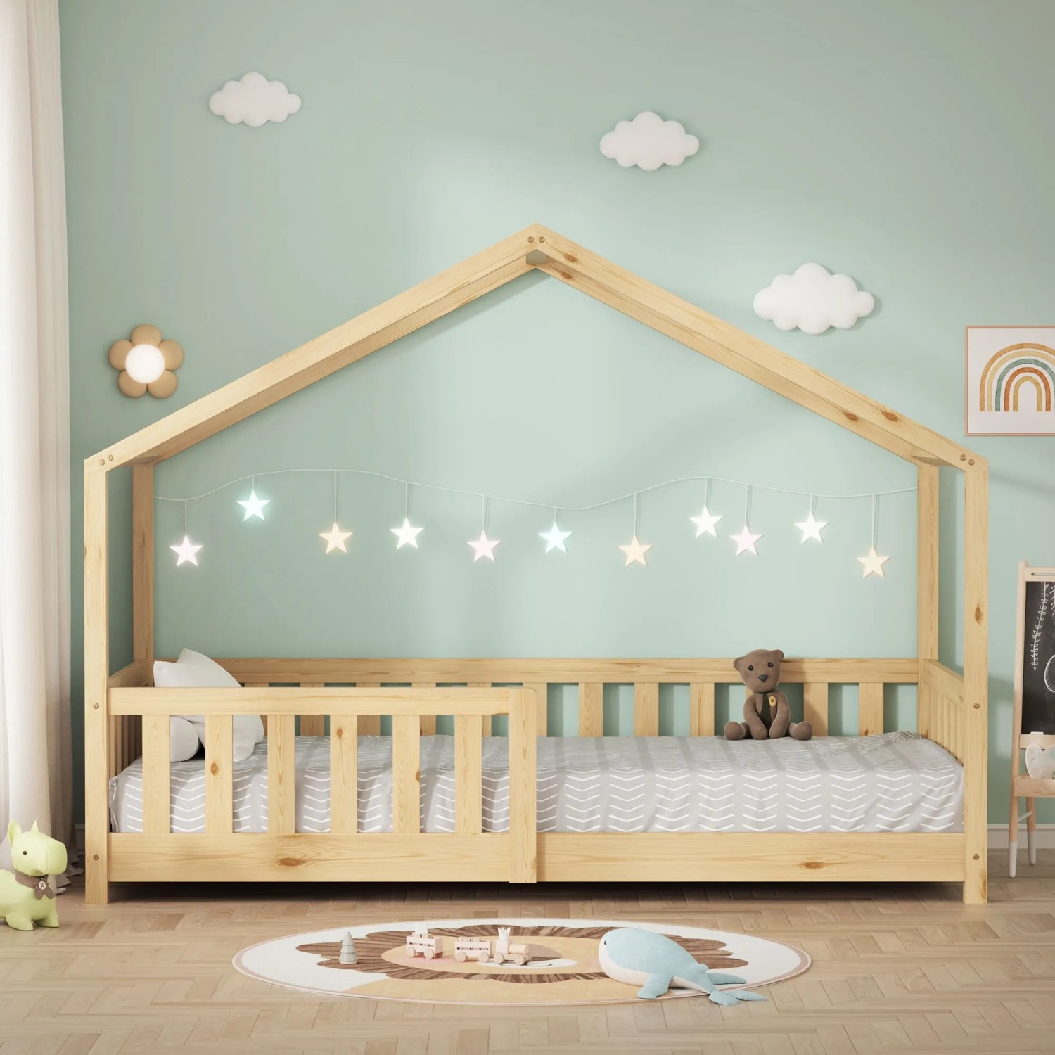ML-Design Hausbett 80x160 cm aus Kiefernholz mit Rausfallschutz im Kinderzimmer.