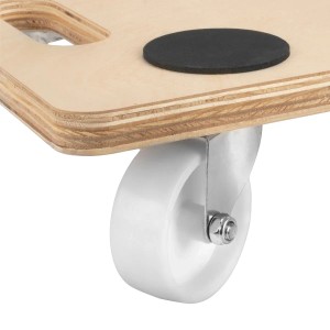 Detailansicht Rollwagen aus Schichtholz mit weißer Lenkrolle und schwarzem Gummi-Pad.