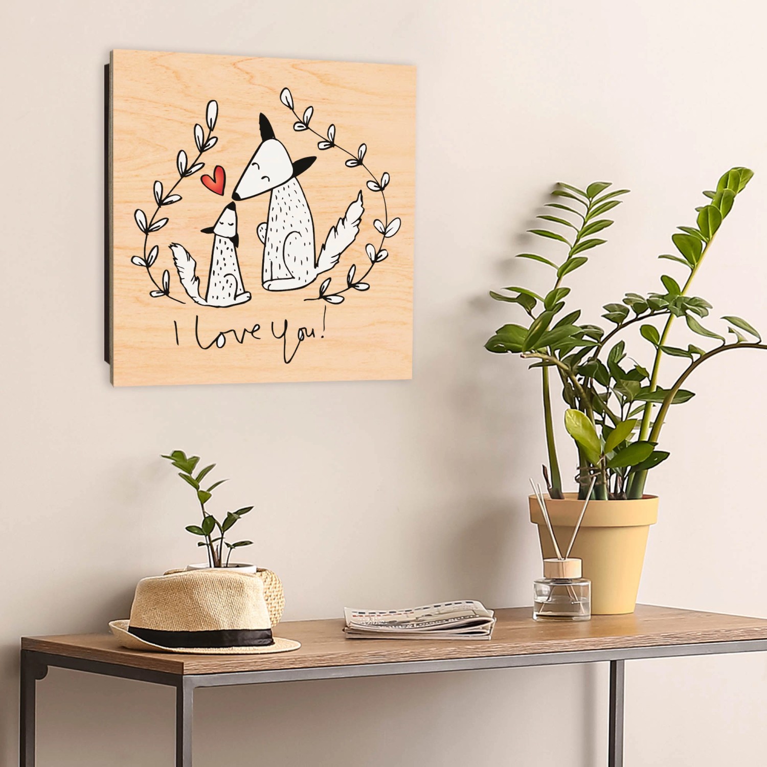 Banjado Schlüsselkasten Holz, 30x30cm, Motiv Fuchsliebe, 50 Haken, Scharnier rechts.