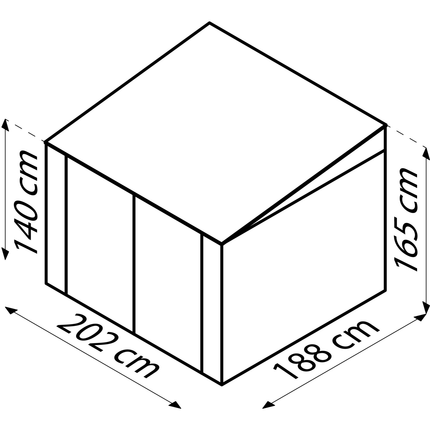 Globel Fahrradbox Family, anthrazit, mit Maßangaben (202x188cm), isometrische Darstellung.