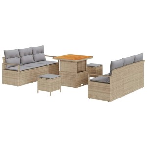 Beiges 9-teiliges vidaXL Garten-Sofa-Set aus Polyrattan mit Tisch und Kissen.